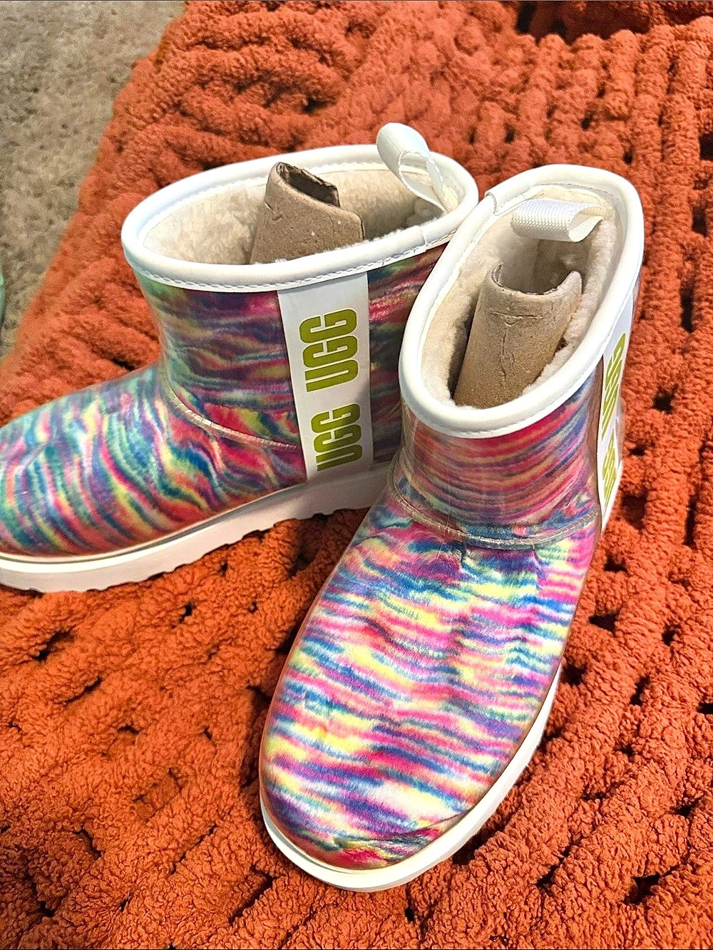UGG Classic Clear Mini Tie Dye Multicolor & White Rain Boots